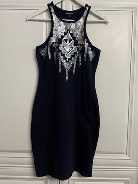 Express Size Small Navy Sleeveless Scoop Neck Aztec Bodycon Sequin Mini Dress